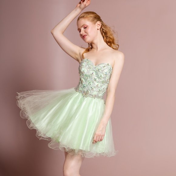 NEW SHORT SLEEVELESS STRAPLESS TULLE DRESS EMBROIDERED WITH RHINESTONES GS2031